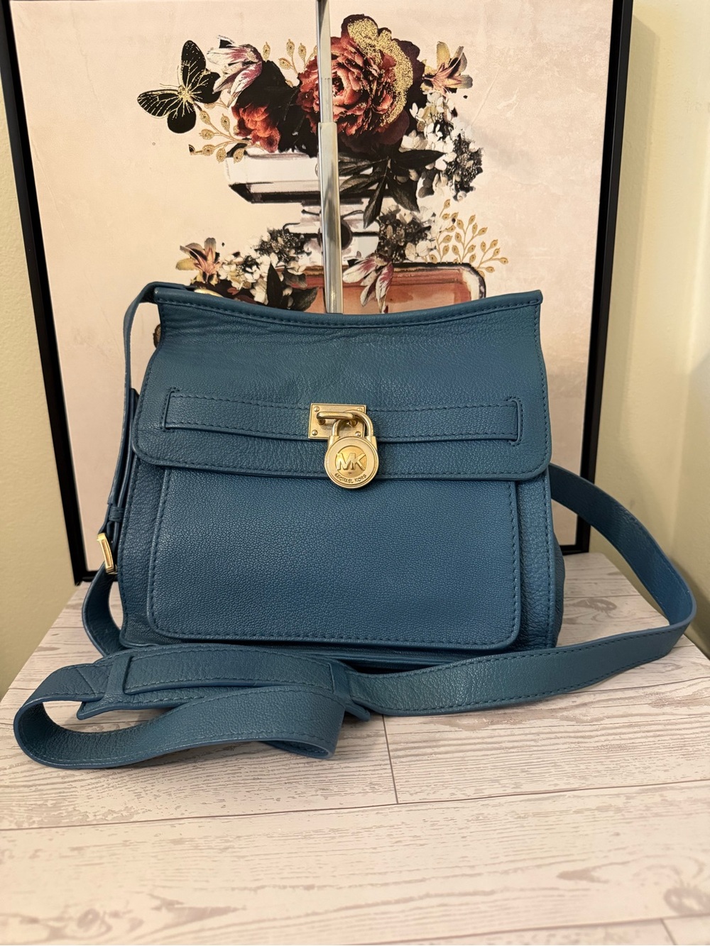 Michael Kors Hamilton Travel Teal Blue Pebbled Leather Crossbody